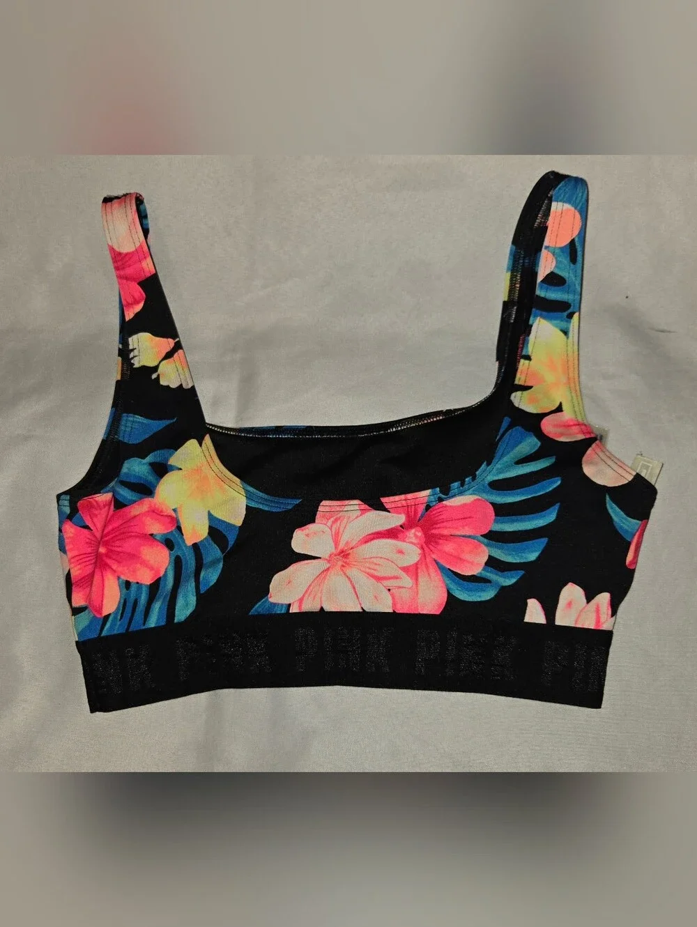 PINK Victoria's Secret Black Tee with Tropical Floral Bralettes Sz XS & M